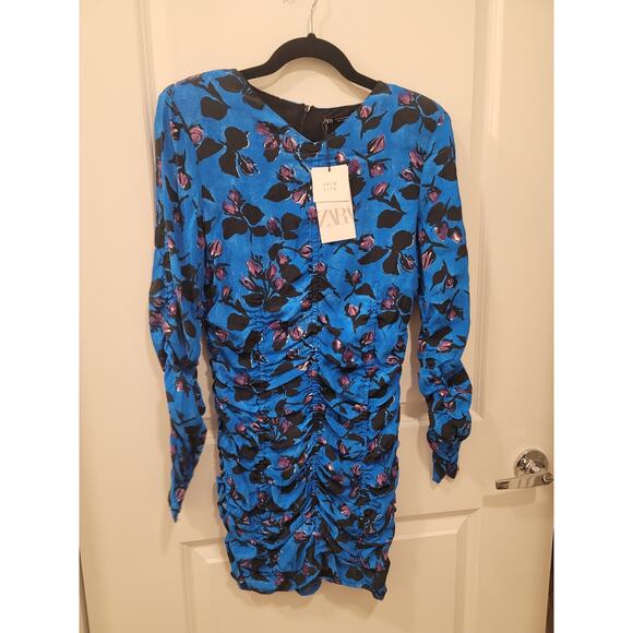 Zara Blue Floral Print Ruched Fitted Long Sleeved Mini Dress - Picture 2 of 12